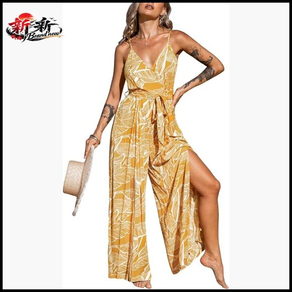 Pants - 100% Rayon Sleeveless Wide Leg Jumpsuit V-Neck Pull On Casual